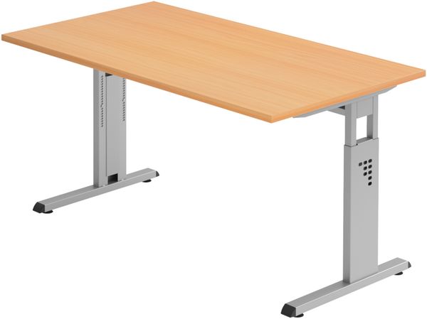 bümö höhenverstellbarer Schreibtisch O-Serie 140x80 cm in Buche, Gestell in Silber - PC Tisch für's Büro manuell höhenverstellbar, Computertisch verstellbar, OS-14-6-S