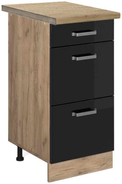 Küchenunterschrank R-Line Schwarz Hochglanz 40 cm mit Schubladen, AP Eiche Vicco
