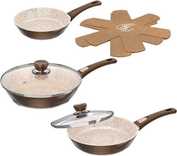 Genius Pfannen-Set Cerafit Granit - Grand-Edition Pfanne, 7-teiliges Set, Edelstahl (Set, 7-tlg, je 1x Pfanne + Deckel 24 cm + 28 cm, 1x Pfanne 20 cm, 2x Einleger), geeignet für Aufläufe, zum Schmoren o. Backen - ohne Griff und Deckel
