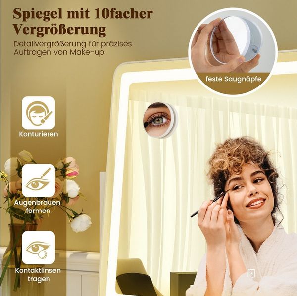 COSTWAY Schminkspiegel (1-St), mit 10X Vergrößerung, 3 Lichtfarben & Touch-Steuerung, 360° drehbar
