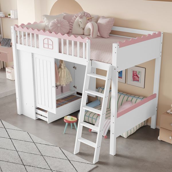 Hochbett 90×200 cm mit Rausfallschutz, LED, Schrank und Schublade, Weiß, ohne Matratze