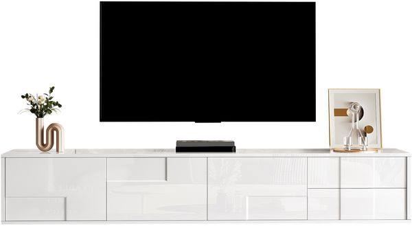Modernes TV-Lowboard Weiß 170 cm, schwebend oder stehend, vollständige Hochglanz-Oberfläche, grifflos mit 3 Türen & 2 Schubladen, viel Stauraum für Wohnzimmer