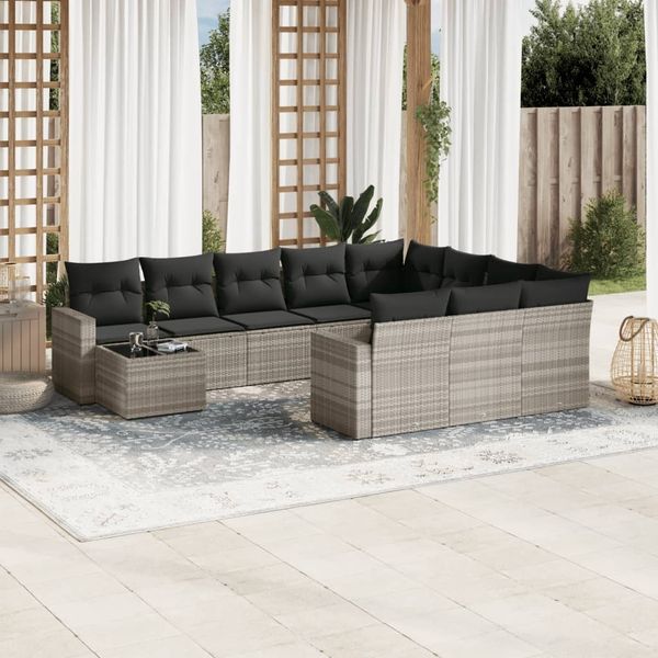 vidaXL 11-tlg. Garten-Sofagarnitur mit Kissen Hellgrau Poly Rattan 3219522