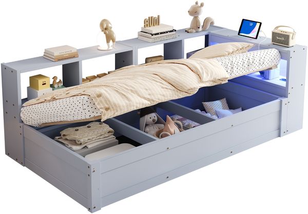 Schlafsofa 90 × 200 cm, Ausgestattet Mit Einer Euro-Steckdose Und Mehreren Staufächern, Mit Mehrfarbigen LED-Lichtleisten, Hydraulischem Bettmechanismus, Multifunktionalem Massivholzbett, Grau. Bild 9