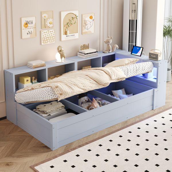 Schlafsofa 90 × 200 cm, Ausgestattet Mit Einer Euro-Steckdose Und Mehreren Staufächern, Mit Mehrfarbigen LED-Lichtleisten, Hydraulischem Bettmechanismus, Multifunktionalem Massivholzbett, Grau.