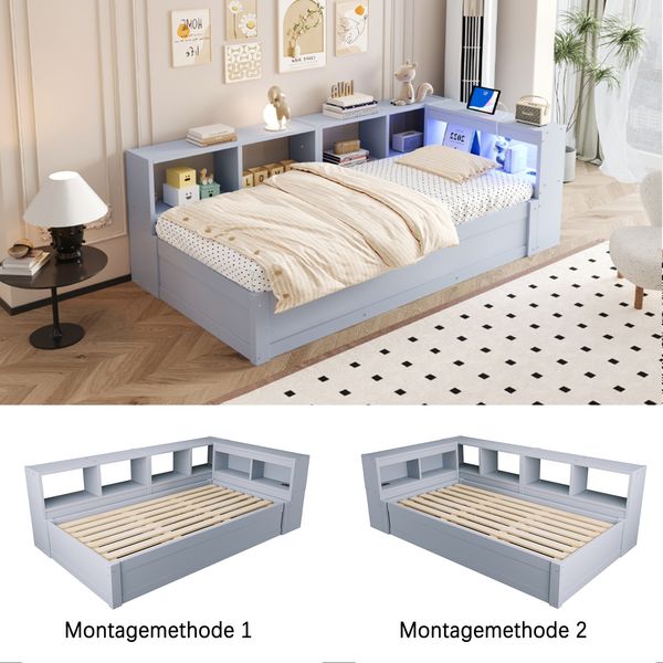 Schlafsofa 90 × 200 cm, Ausgestattet Mit Einer Euro-Steckdose Und Mehreren Staufächern, Mit Mehrfarbigen LED-Lichtleisten, Hydraulischem Bettmechanismus, Multifunktionalem Massivholzbett, Grau. Bild 7