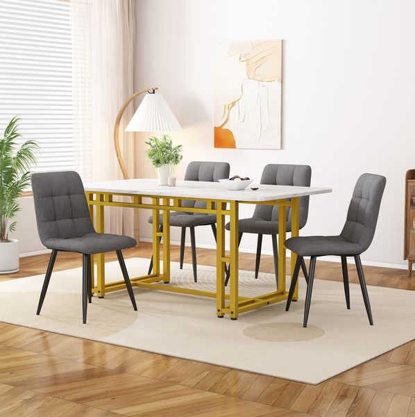 Esstisch Set 120x70 cm mit 4 dunkelgrauen Leinenstühlen, goldene Metallbeine