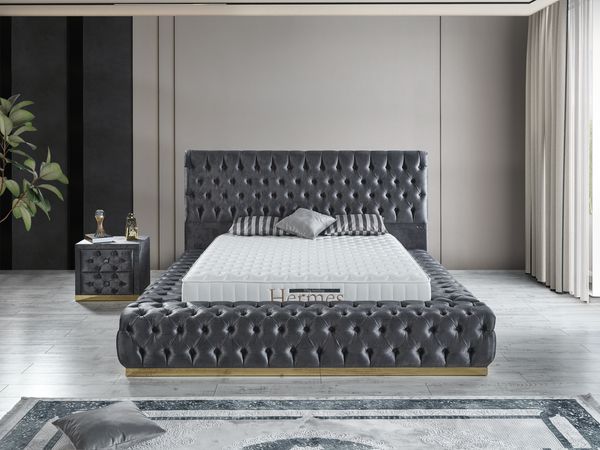 Schlafzimmer-Set "Liora" – Bett mit Bettkasten und Matratze, Nachttisch, Kommode-Anthrazit
