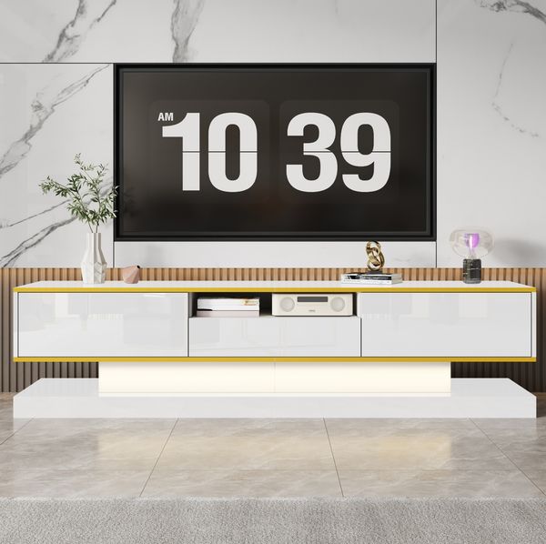 TV-Schrank Lowboard 180x38x45 cm, weiß Hochglanz mit LED-Beleuchtung & 3 Schubladen