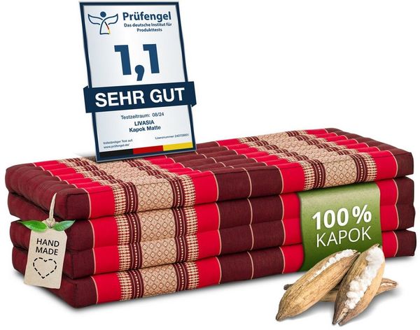 Nachhaltige Klappmatratze aus Kapok, breite Gästematratze vierteilig, Faltbare Matratze, ökologische Yogamatte, klappbares Gästebett, Liege für Garten und Balkon 200 x 110 x 8 cm (Rubinrot)