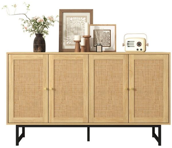 MODFU Sideboard mit geräumigem Innenraum (Kommode, Anrichte, Wohnzimmerschrank, 1 St, 4 Türen), mit echtem Rattangeflecht