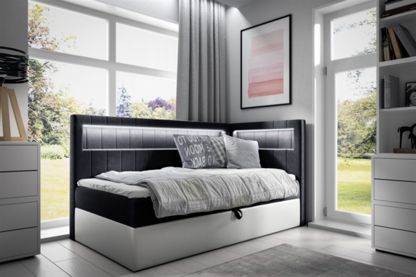 Boxspringbett Gästebett Kinderbett FABIAN Nr. 3 100x200cm Weiss-Schwarz Seite Rechts