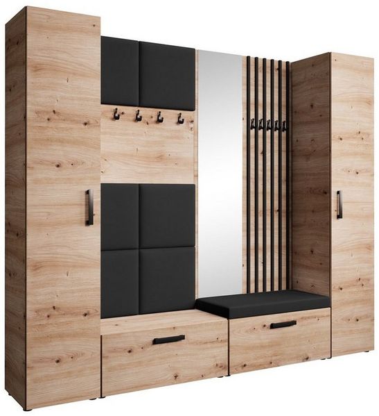 Beautysofa Garderobenschrank mit gepolsterten Paneelen und Spiegel MARGARET XL (zwei praktische Schuhschränke und zwei komfortable Kleiderschränke mit Kleiderstangen) mit dekorative Lamellen und praktischen Kleiderhaken
