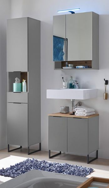 Badezimmer-Set >Denver< (3-tlg.) in grau matt / Evoke Eiche Dekor - 120x195x35 (BxHxT)