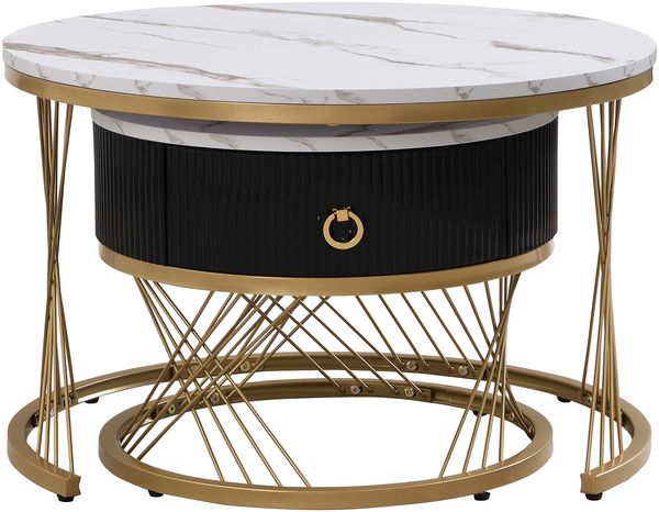 Couchtisch-Set in Marmor-Optik mit Schublade, 70 x 70 x 45 + 50 x 50 x 40 cm, Weiß/Gold Bild 9