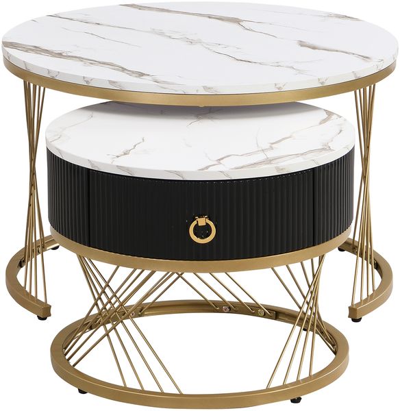 Couchtisch-Set in Marmor-Optik mit Schublade, 70 x 70 x 45 + 50 x 50 x 40 cm, Weiß/Gold Bild 7