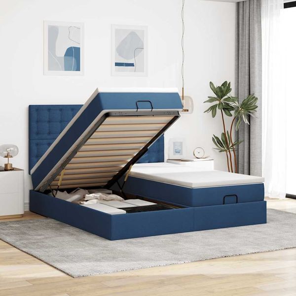 vidaXL Ottoman-Bett mit Matratzen & LEDs Blau 160x200 cm Stoff 3314582