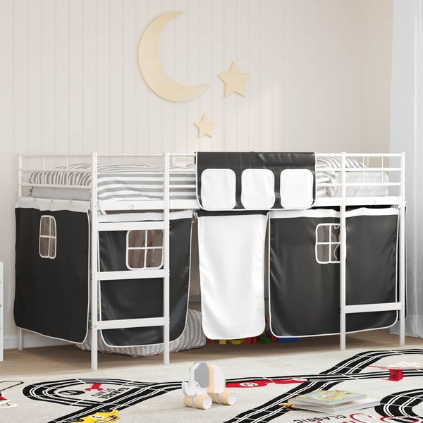 vidaXL Kinder Loft Bettgestell mit Vorhängen Uni Weiß und Schwarz 42020811