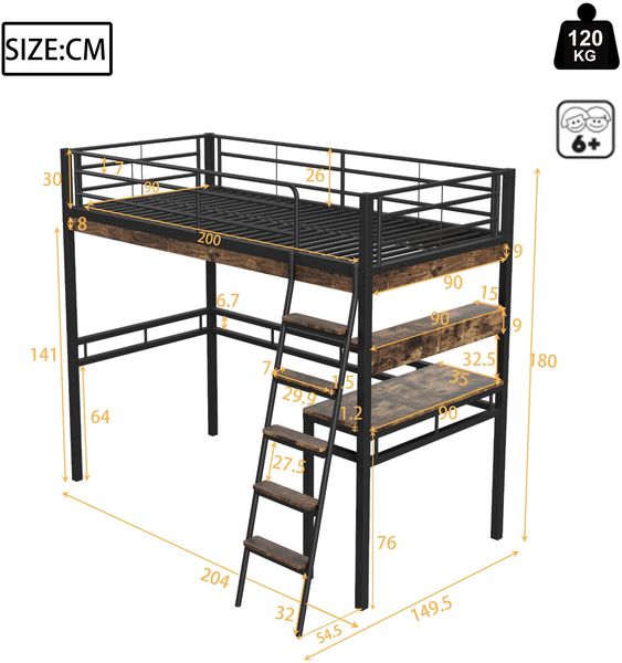 Bett 90x200 cm Hochbett mit Schreibtisch und Regalen – platzsparend, sicher und modern Bild 10