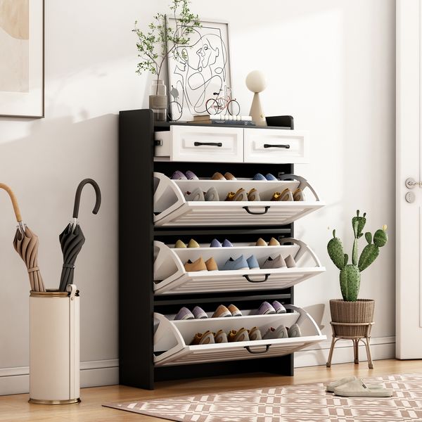 Schuhschrank mit drehbaren Regalen, weiß & schwarz, Anti-Kipp, Stauraum, minimalistisches Design