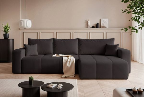 Ecksofa Schlafsofa Sofa LEROS XL in Stoff Manila Schwarz Ottomane Rechts