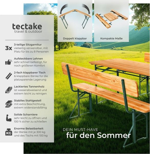 tectake Bierzeltgarnitur Festzeltmöbel - Franz II mit Rückenlehne aus Tannenholz, (Set, 3-tlg, Optik klassisch in Braun), Widerstandsfähige Stahlgestelle mit schützender Beschichtung