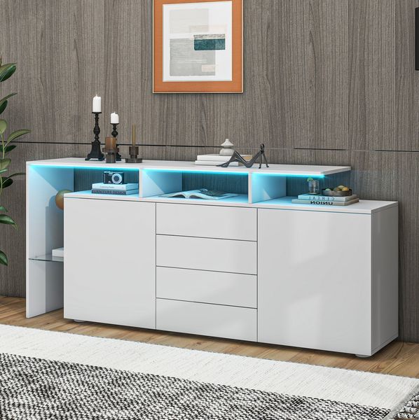 Sideboard 160 x 35 x 70 cm mit LED, 4 Schubladen & 2 Türen – Wohnzimmerschrank in Weiß