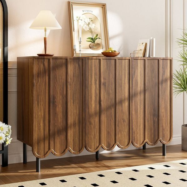 Merax Sideboard in Holzoptik mit Push-to-Open-System (Buffetschrank Anrichte, 1 St), Kommode mit 3 Wellentüren & verstellbaren Regalen, 120x35x80cm