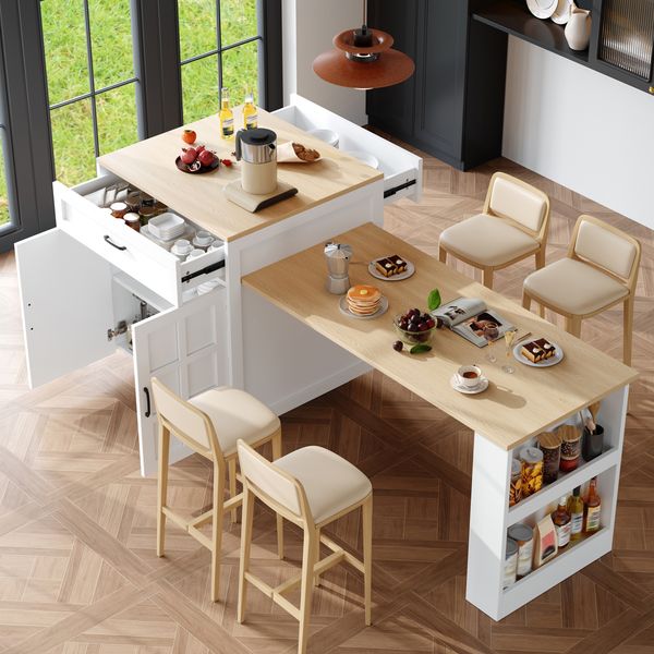 Ausziehbarer Bartisch mit Stauraum(133-202×70×93.5cm),mit zwei Schubladen und vier Fächern, Kücheninsel erweiterbar Tisch, für 2-6 Personen, Küchen-Esswagen mit seitlichen Ablagen, Weiß