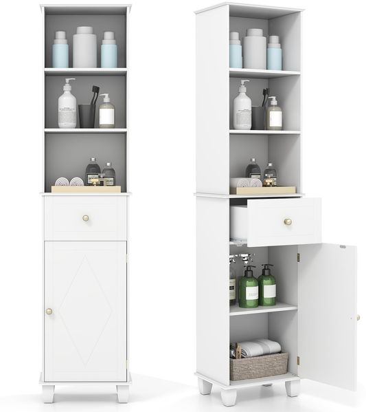 172 cm Badezimmerschrank schmaler Badschrank mit 3 offenen Regalen 1 Schublade 1 Tür & verstellbarem Regal Weiß