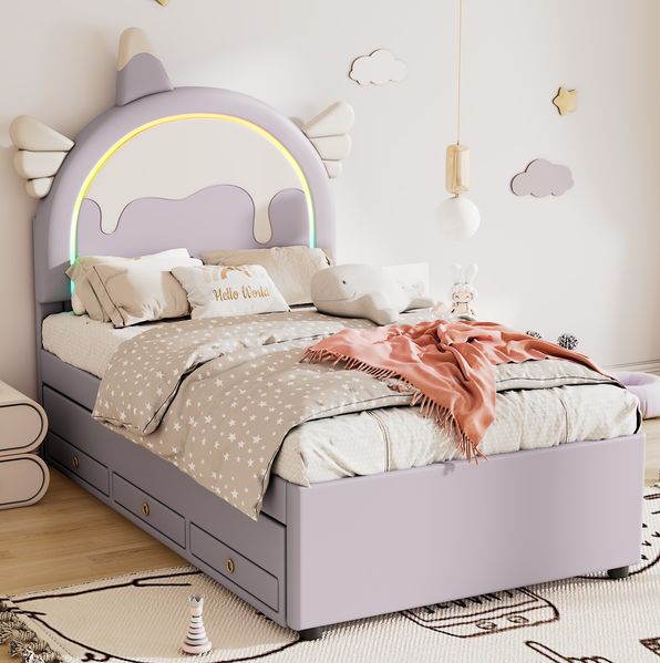 Bett 90x200 cm mit ausziehbarem Rollbett in Violett – Einhorn-Design für Kinder