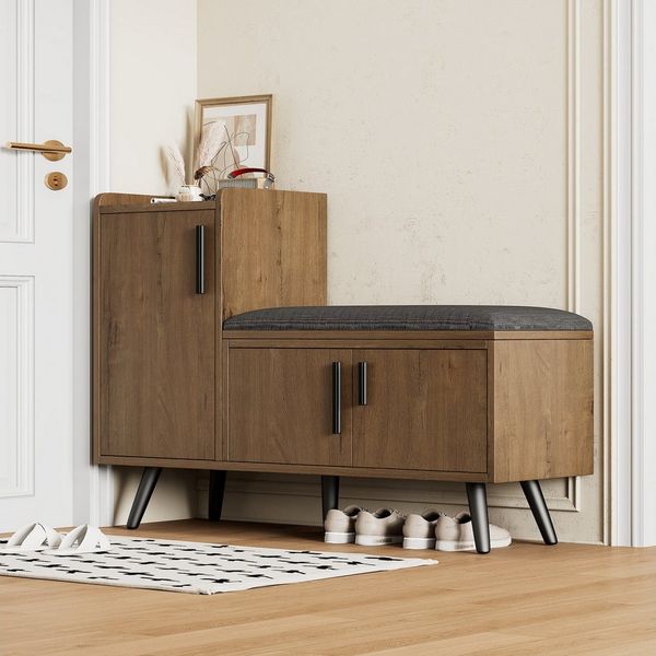 MODFU Schuhbank mit mehreren Ebenen zur Aufbewahrung (mit Stauraum, gepolsterter Sitzfläche & Metallgriffen, 1-St, 3 Türen, 100 x 34 x 68,5 cm), mit Sitzbank, verstellbare Böden, asymmetrischen Metallgriffen