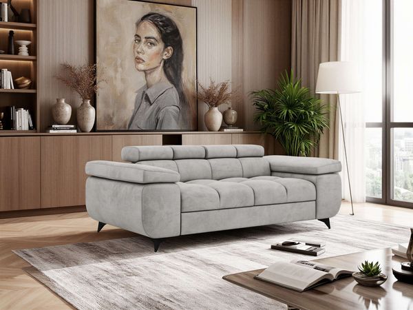 Sofa NIDELLA, 2-Sitzer, verstellbaren Kopfstütze, Wellenfeder, Polstersofa mit Armlehnen und schwarze Beine - Hellgrau Velvet