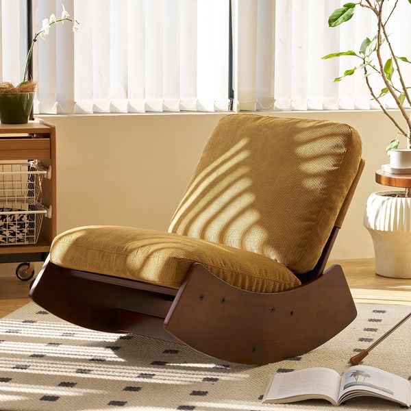 LVHOM Schaukelstuhl mit Massivholz-Gestell, ergonomischer Relaxsessel für Wohnzimmer, Schlafzimmer & Arbeitszimmer, Skandinavisches Design, Cord, Orange
