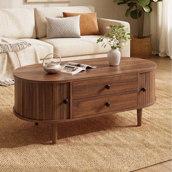 Merax Couchtisch Oval Sofatisch mit vertikalen Leisten in Holzoptik (1-St, 100 x 50 x 40 cm), Wohnzimmertisch mit Schiebetüren, 2 Schubladen & Stauraum