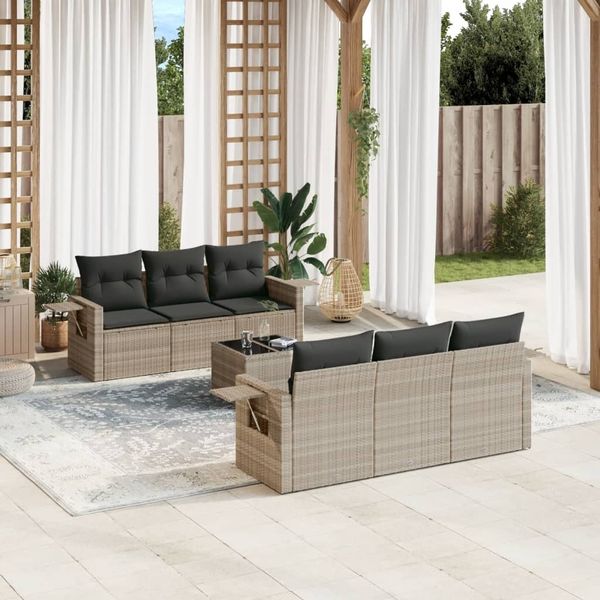 vidaXL 7-tlg. Garten-Sofagarnitur mit Kissen Hellgrau Poly Rattan 3219911