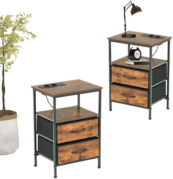 FurnitureR 2 Stück Wohnzimmermöbel, Beistelltisch mit mehrfarbigen LEDs, 2 AC-Sockel, 2 USB-Anschlüsse für Drawers, 2 Schubladen aus Stoff, industrieller Retro-Stil, Braun, 40 x 30 x 60 cm