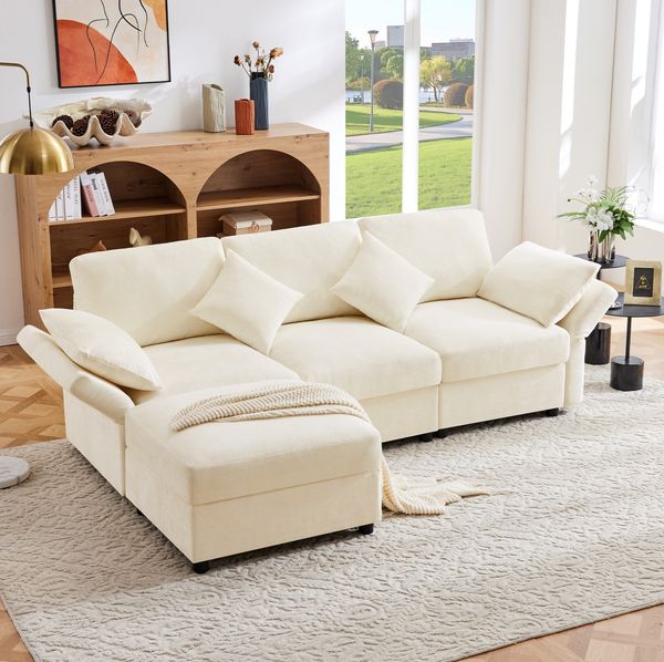 Sofa 218 x 156,5 x 86 cm mit Hocker – L-Form, Chenille-Bezug, 4 Kissen, verstellbare Armlehnen