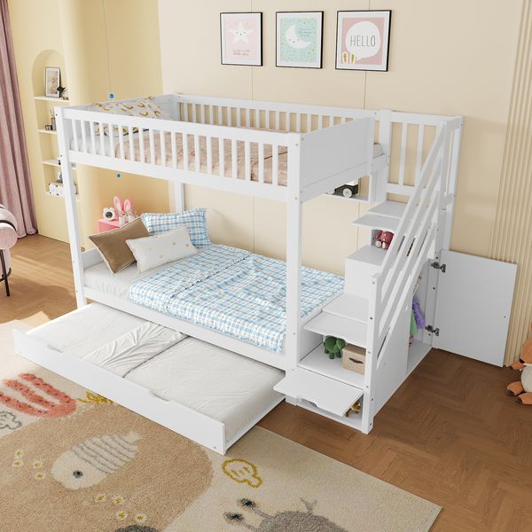 Etagenbett Liegefläche 90x200 cm aus Kiefernholz, MDF und LVL, mit Ausziehbett, Stauraumtreppe und Kleiderschrank