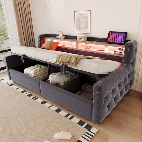 OKWISH Schlafsofa Polsterbett Stauraumbett, mit hydraulischem Stauraum, LED-Beleuchtung, Ablagefach, Steckdose, Ladeanschluss und komfortabler Rückenlehne 90x200 cm, Inklusive Matratze