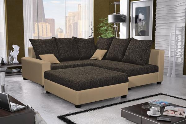 Ecksofa Sofa NINA inkl. Hocker Beige / Dunkelbraun Ottomane Rechts