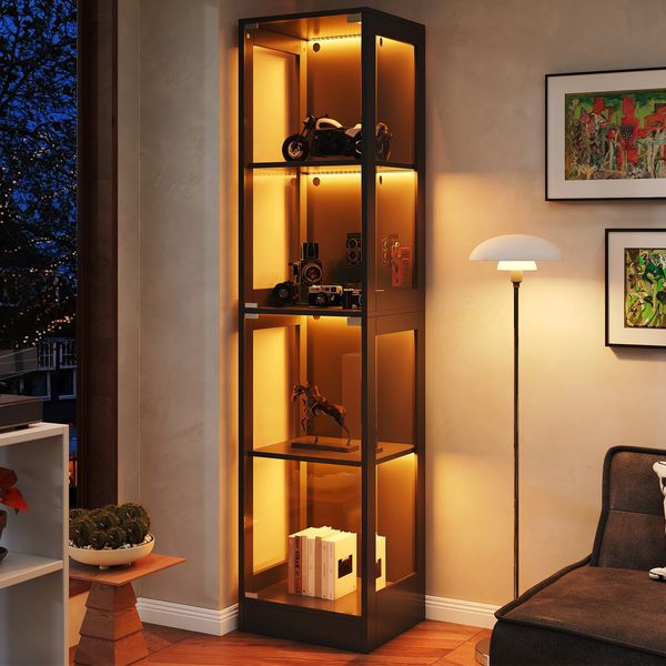 Flieks LED Vitrinenschrank 40×35×170 cm, Glasvitrine Schwarz, Sammlungsvitrine mit App-Steuerung, 4 Ebenen, Push-to-Open Tür, modern