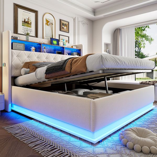 LED-Polsterbett 180 x 200 cm, Gepolstertes Stauraumbett mit USB-Ladeanschluss und hydraulischem Stauraum, hautfreundlicher Leinenstoff, Beige