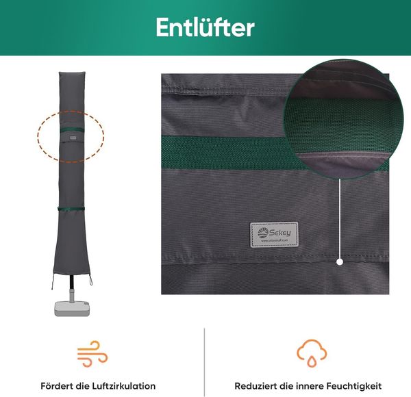 Sekey Sonnenschirm Schutzhülle mit Stab, Abdeckhauben für Ø 350cm / 200x300cm Gartenschirm mit Belüftungsöffnungen, Abdeckung für Marktschirm / Balkonschirm, 100% Polyester, wasserdicht, Dunkelgrau Bild 5