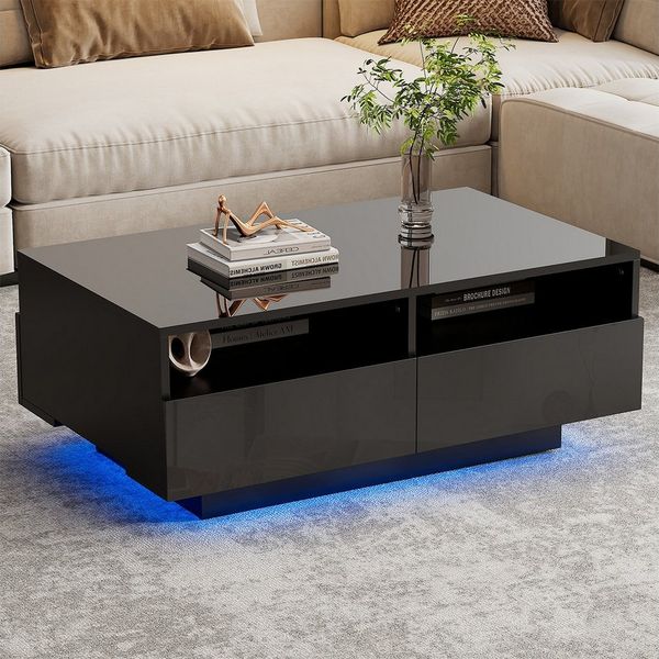 XDeer Couchtisch Couchtisch mit 4 Schubladen und 16 Farben LED Lichter Hochglanz, Tisch Beistelltisch Wohnzimmertisch für Wohnzimmer