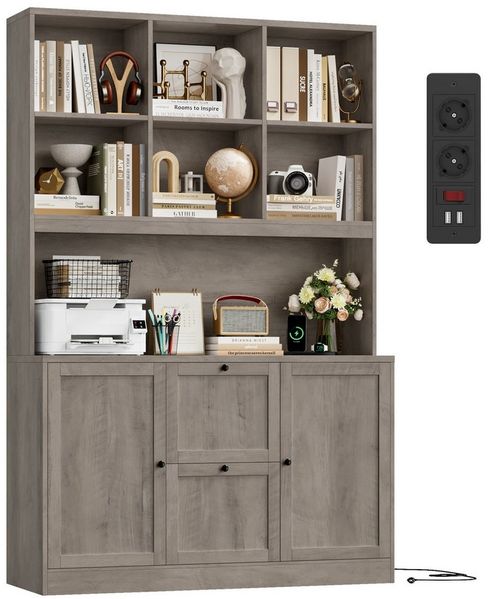 Homfa Bücherregal 182 cm Aktenschrank Mehrzweckschrank, mit Steckdose, 2 Türen und 2 Schubladen für Hängemappen, Artisan Eiche