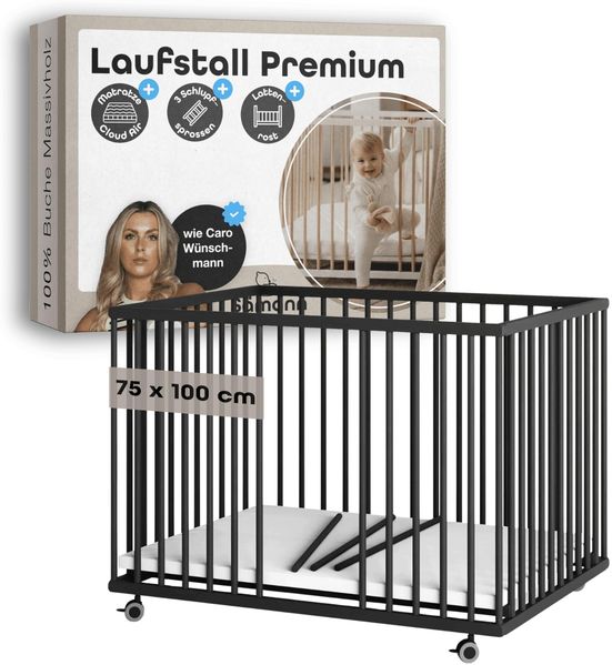 Sämann Laufstall Baby mit Matratze Cloud Air, Schlupfsprossen & Lattenrost | stufenlos höhenverstellbar | Laufgitter Premium | Babybett aus Holz | Krabbelgitter (schwarz, 75x100 cm)