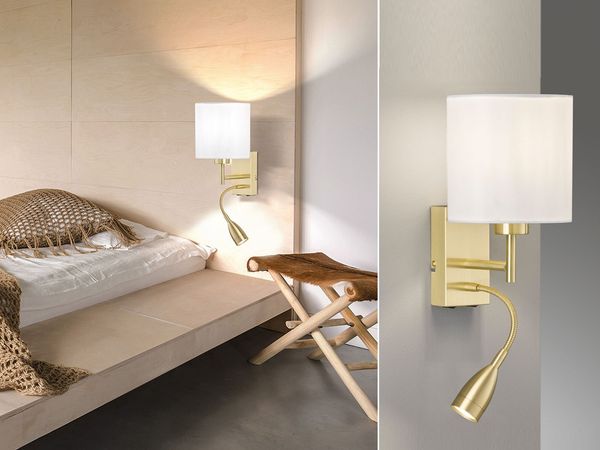 LED Wandleuchte Messing mit Leselampe & Stoffschirm Weiß, Höhe 24cm