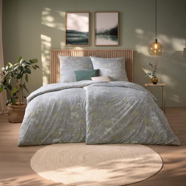 Estella Mako Jersey Bettwäsche 135x200 Mona silber Blüten Gräser 6508-820