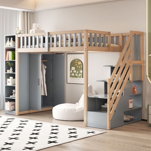 Hochbett 90x200 cm mit Kleiderschrank, Regalen und Leiter mit Schubladen – Massivholz in Grau/Natur
